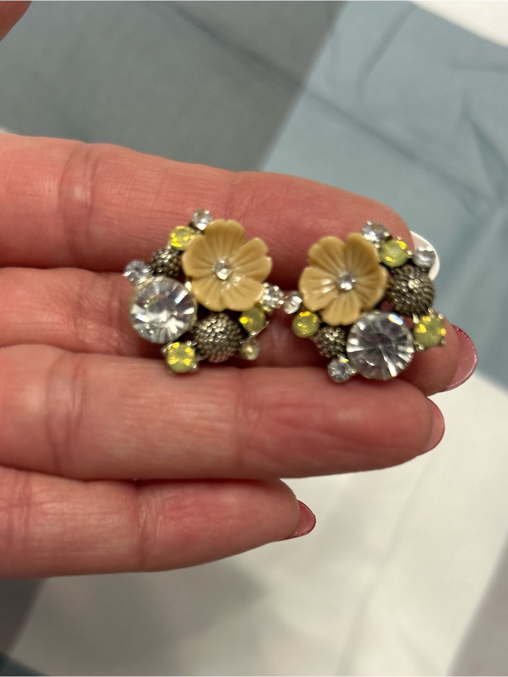 Yellow Floral Crystal Cluster Stud Earrings - Unbranded